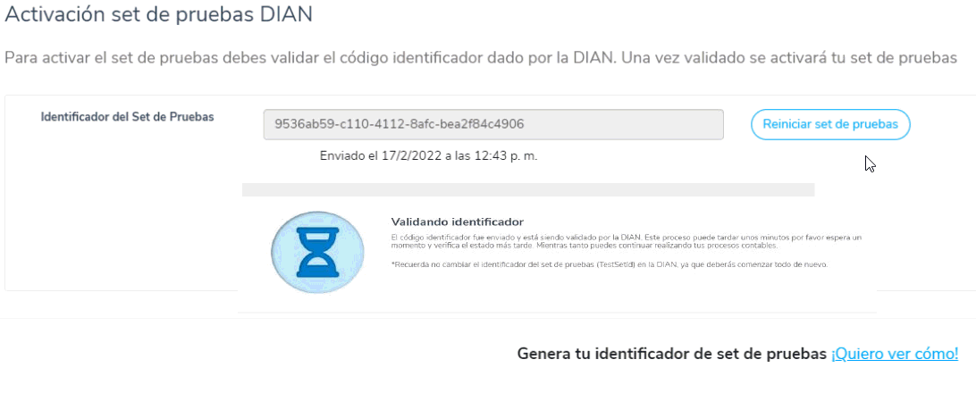 Opción reiniciar Set de pruebas